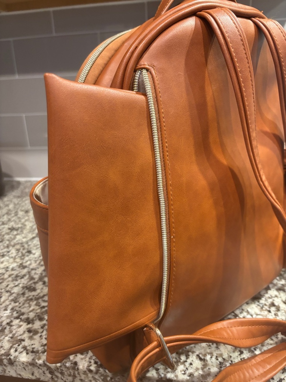 Itzy Ritzy Men's Cognac/Tan Faux Leather Backpack with Gold Hardware - Picture 5 of 6